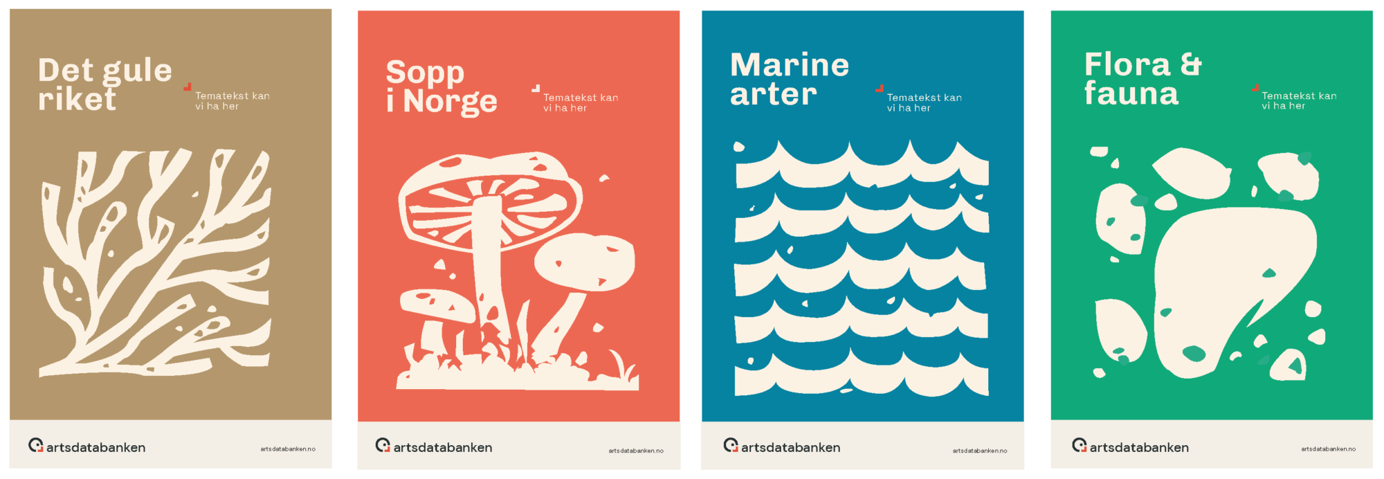 Illustrerte temasider fra Artsdatabanken med fokus på 'Det gule riket', 'Sopp i Norge', 'Marine arter' og 'Flora & fauna', hver med egen fargepalett og stilisert grafikk