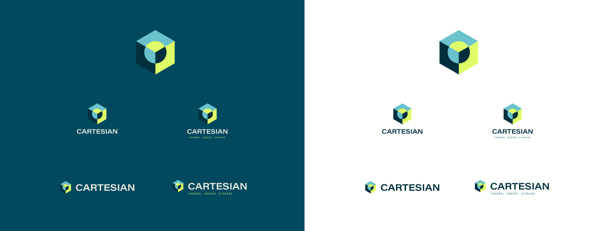 Logo-varianter for Cartesian Thermal Energy Storage, vist på mørk og lys bakgrunn, med et geometrisk ikon i blått, grønt og gult