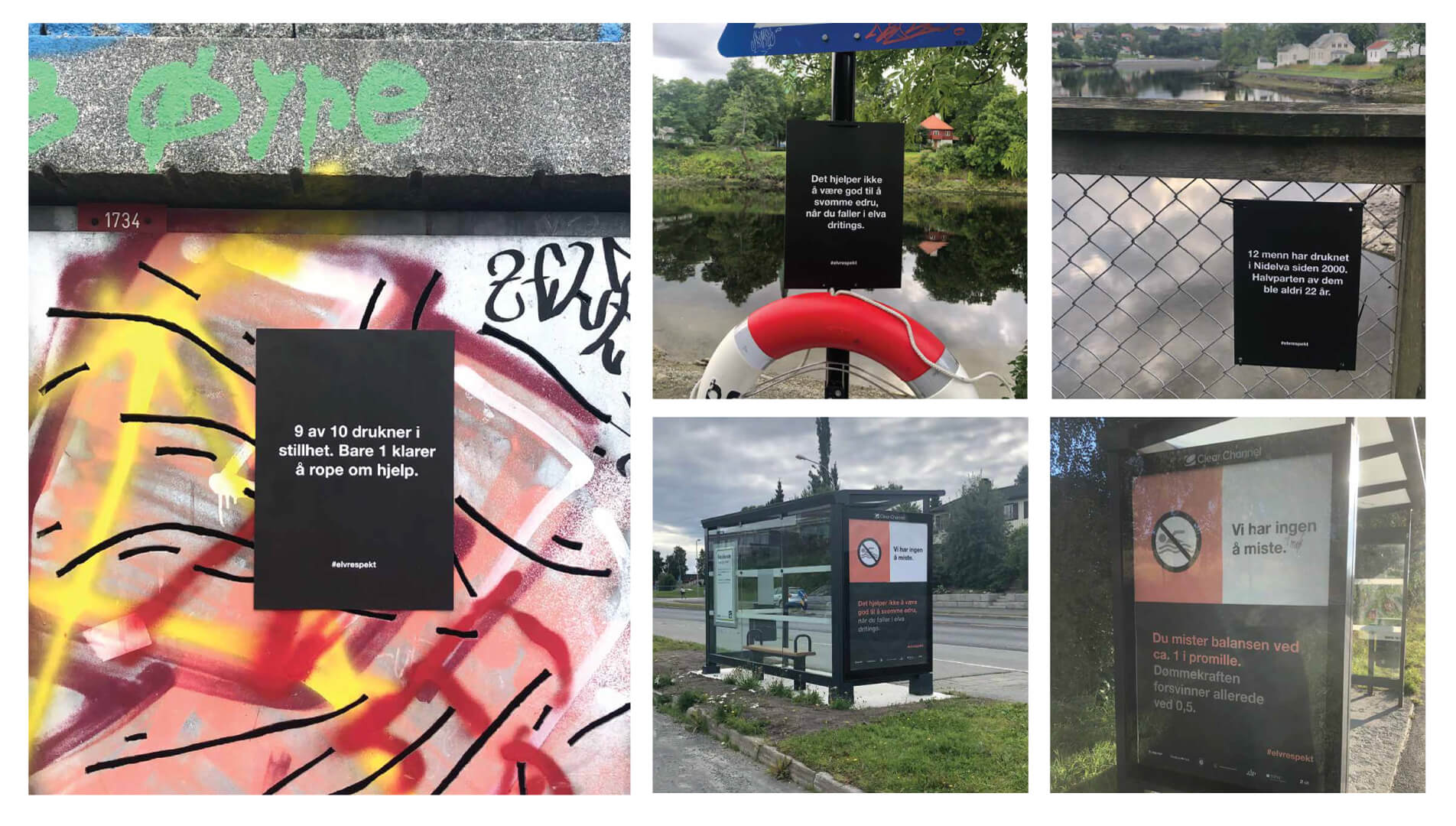 Ulike utendørs plakater fra kampanjen #elvrespekt, med advarsler om drukningsfare ved Nidelva, plassert på gjerder, livbøye-stasjoner og bussholdeplasser