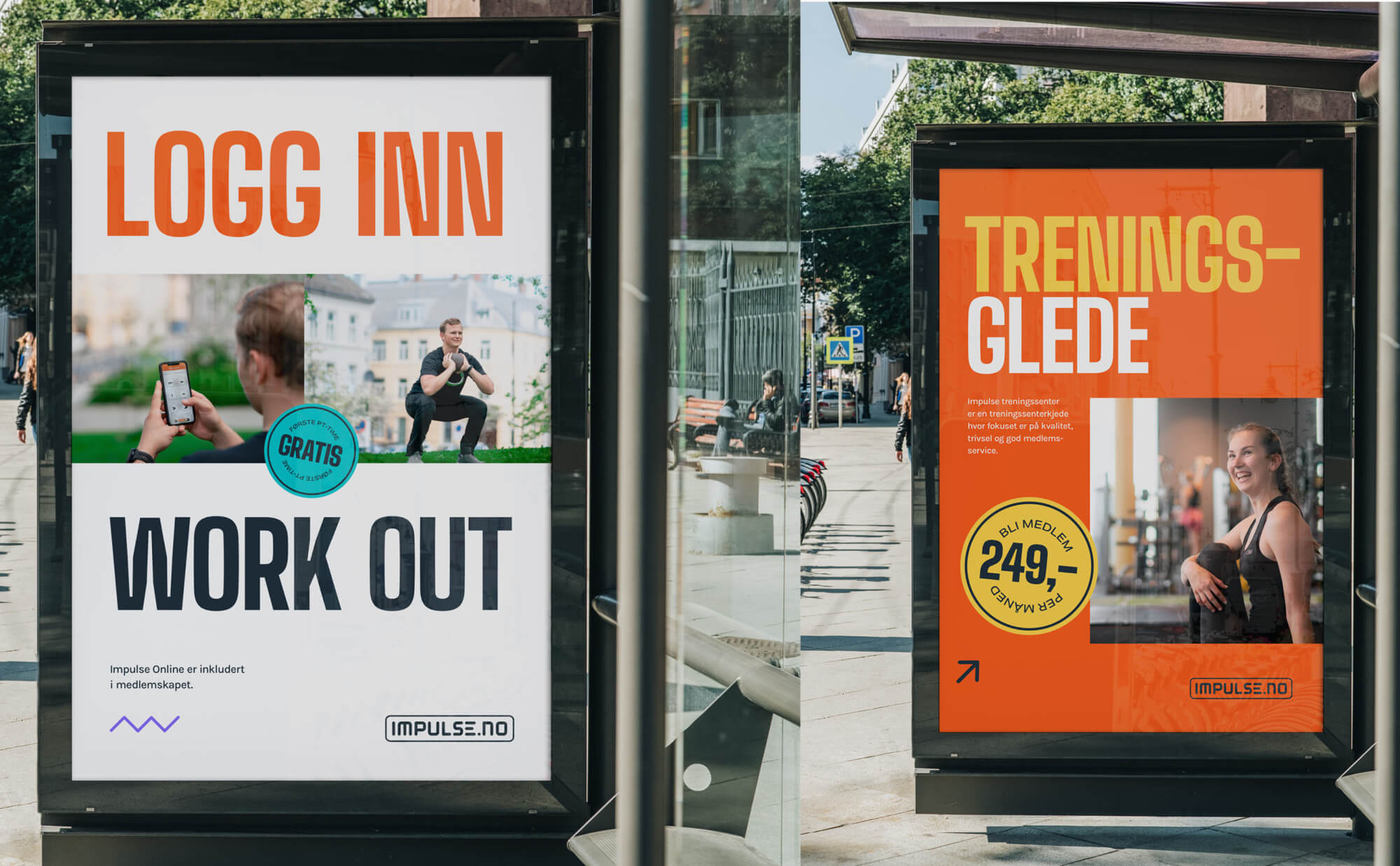 To bussholdeplass-reklamer for Impulse treningssenter, med budskap om treningstilbud, digital innlogging og medlemskap, presentert i friske farger og energisk design.