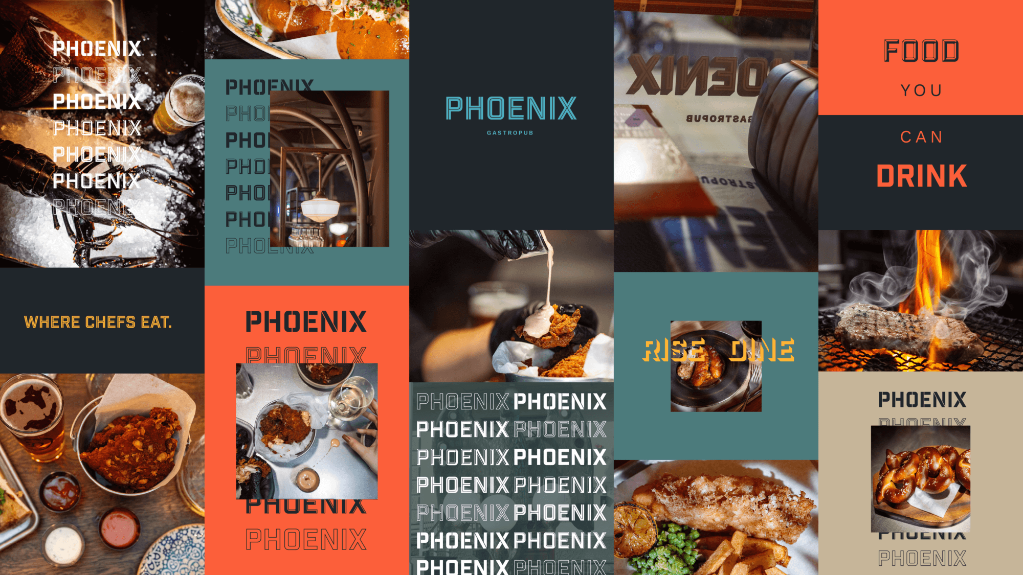Visuell profil for Phoenix Gastropub med en collage av matbilder, serveringsscener og grafiske elementer, kombinert med slagord som 'Where chefs eat' og 'Food you can drink'.