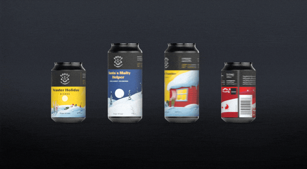 Animerte ølbokser fra Røros Bryggeri som viser vinterinspirerte etiketter for sesongprodukter, inkludert 'Yeaster Holiday' og 'Santa's Malty Helper', mot en mørk bakgrunn.