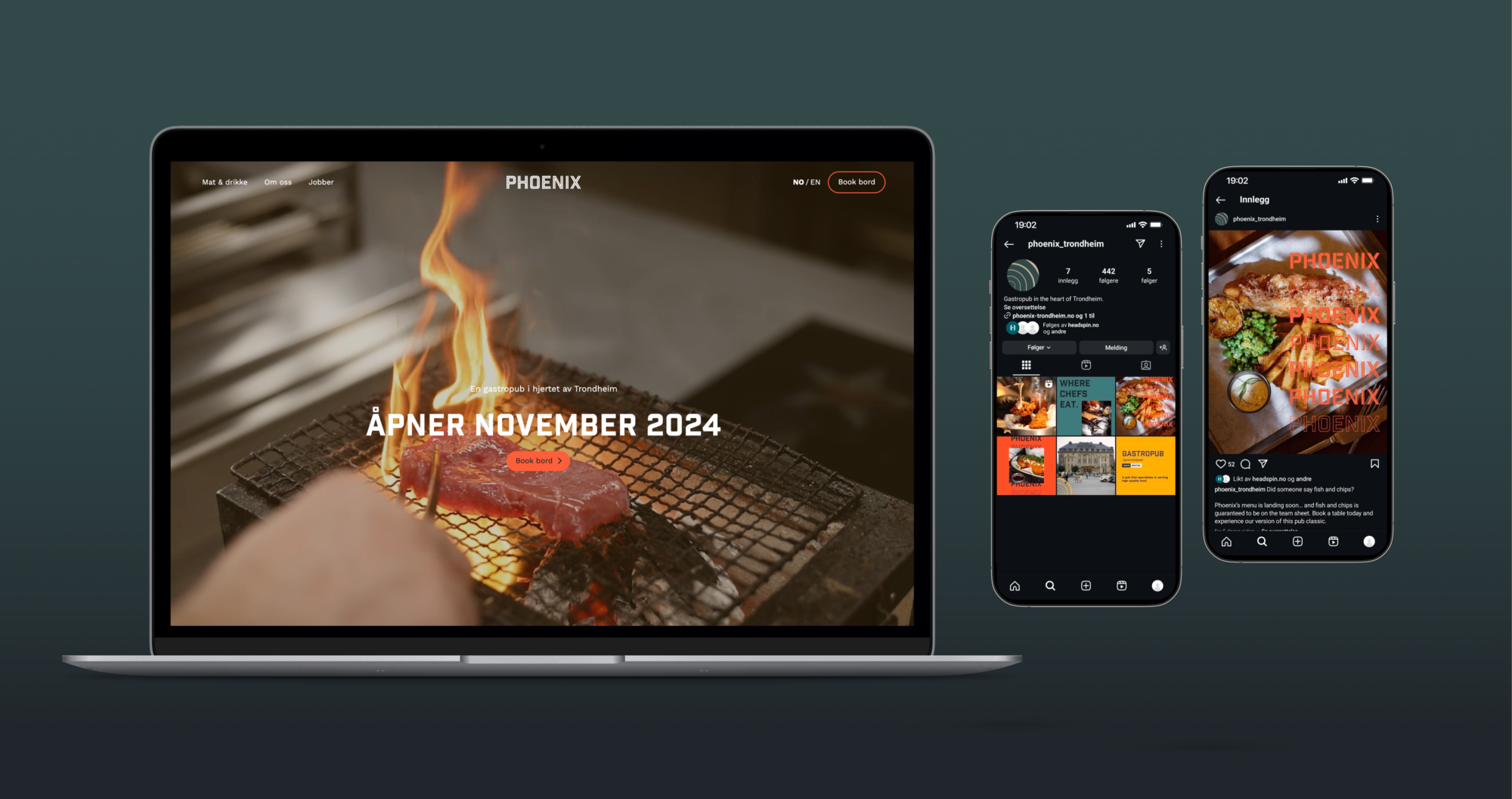 Mockup av Phoenix nettside på desktop og identitet på sosiale medier.