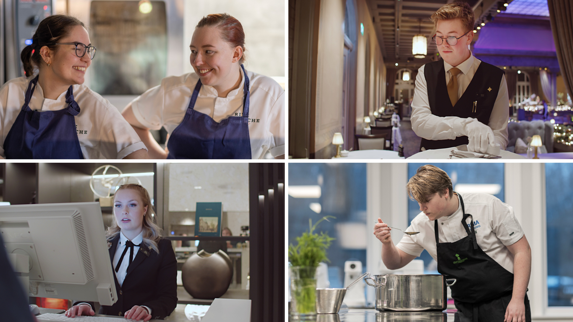 Collage som viser unge mennesker i arbeidssituasjoner innen restaurant- og reiselivsbransjen, inkludert kokker, servitør og resepsjonist, i profesjonelle omgivelser.