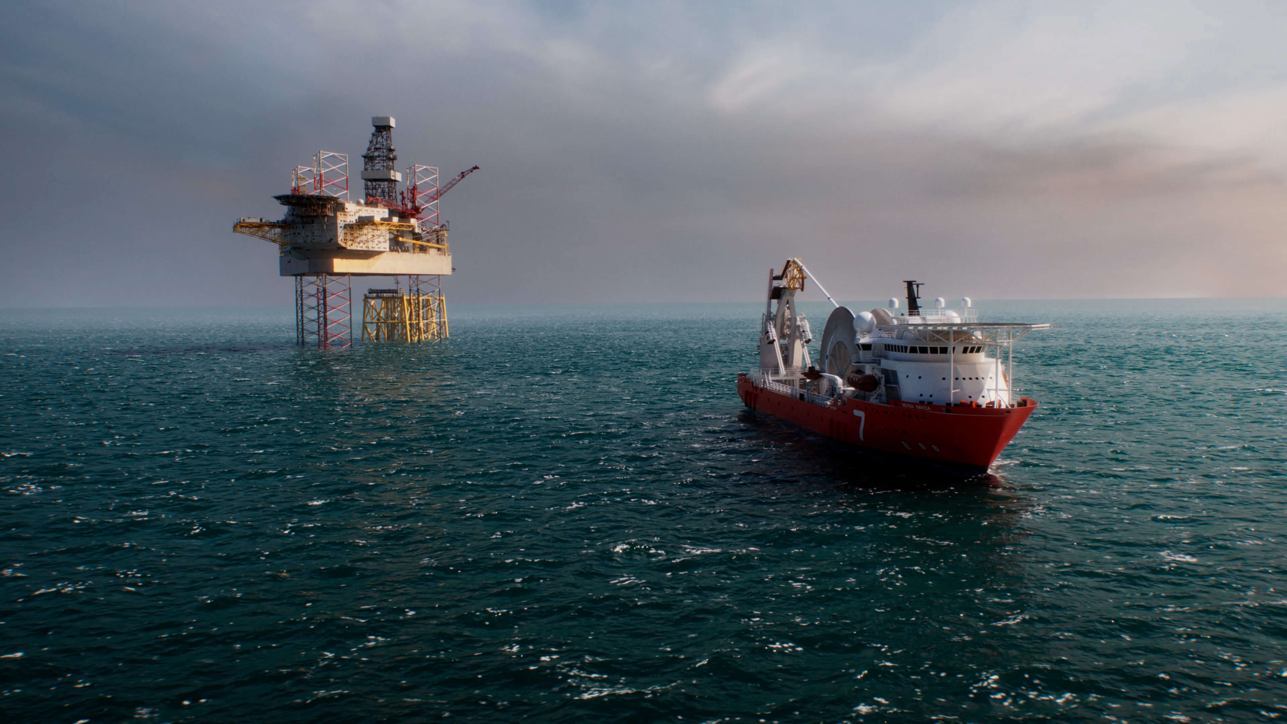 Detaljert 3D-visualisering av en offshore oljerigg og et spesialisert rørleggingsfartøy til havs – illustrerer komplekse industrielle miljøer som er vanskelig å fange i virkeligheten