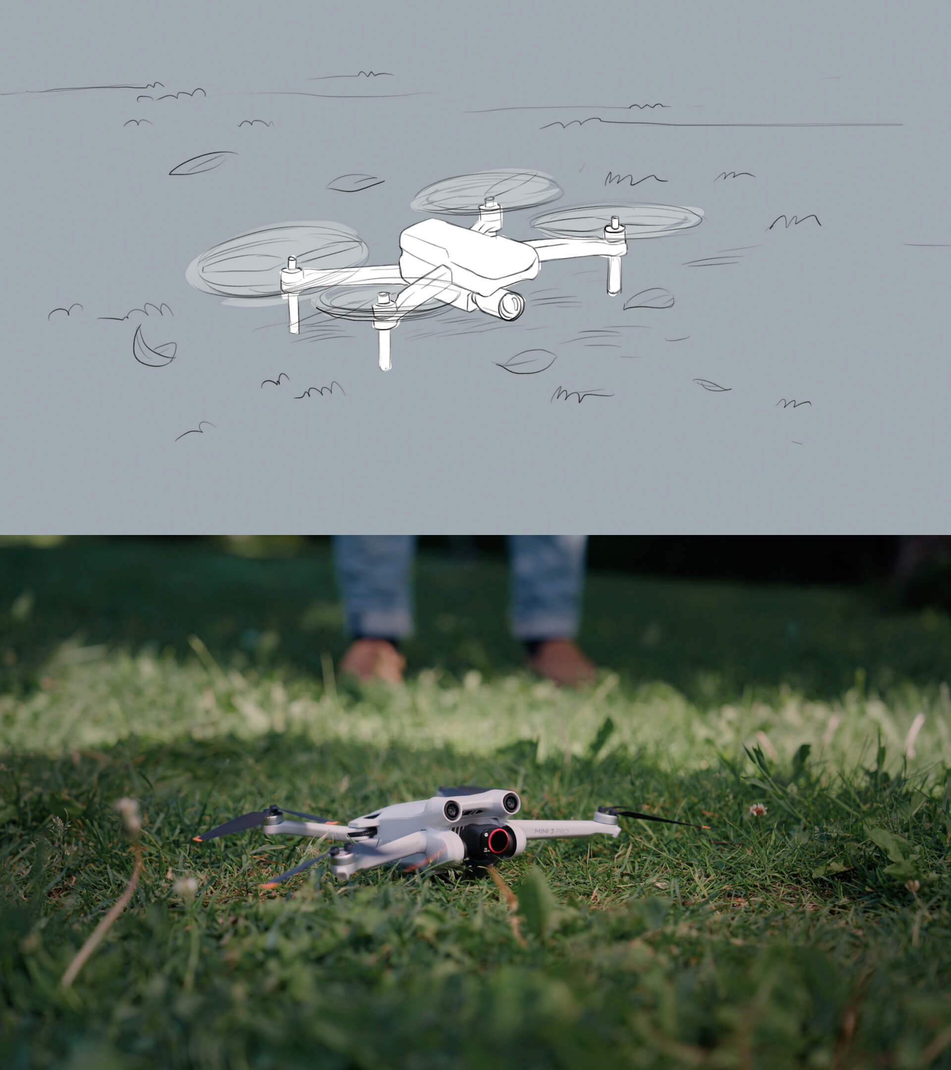 Sammenligning av storyboard og ferdig opptak: Øverst en håndtegnet skisse av en drone som svever over gresset, nederst et filmklipp der en drone har landet på gresset foran en person med bare bena synlige – viser hvordan planlagte storyboard-scener realiseres i produksjon.