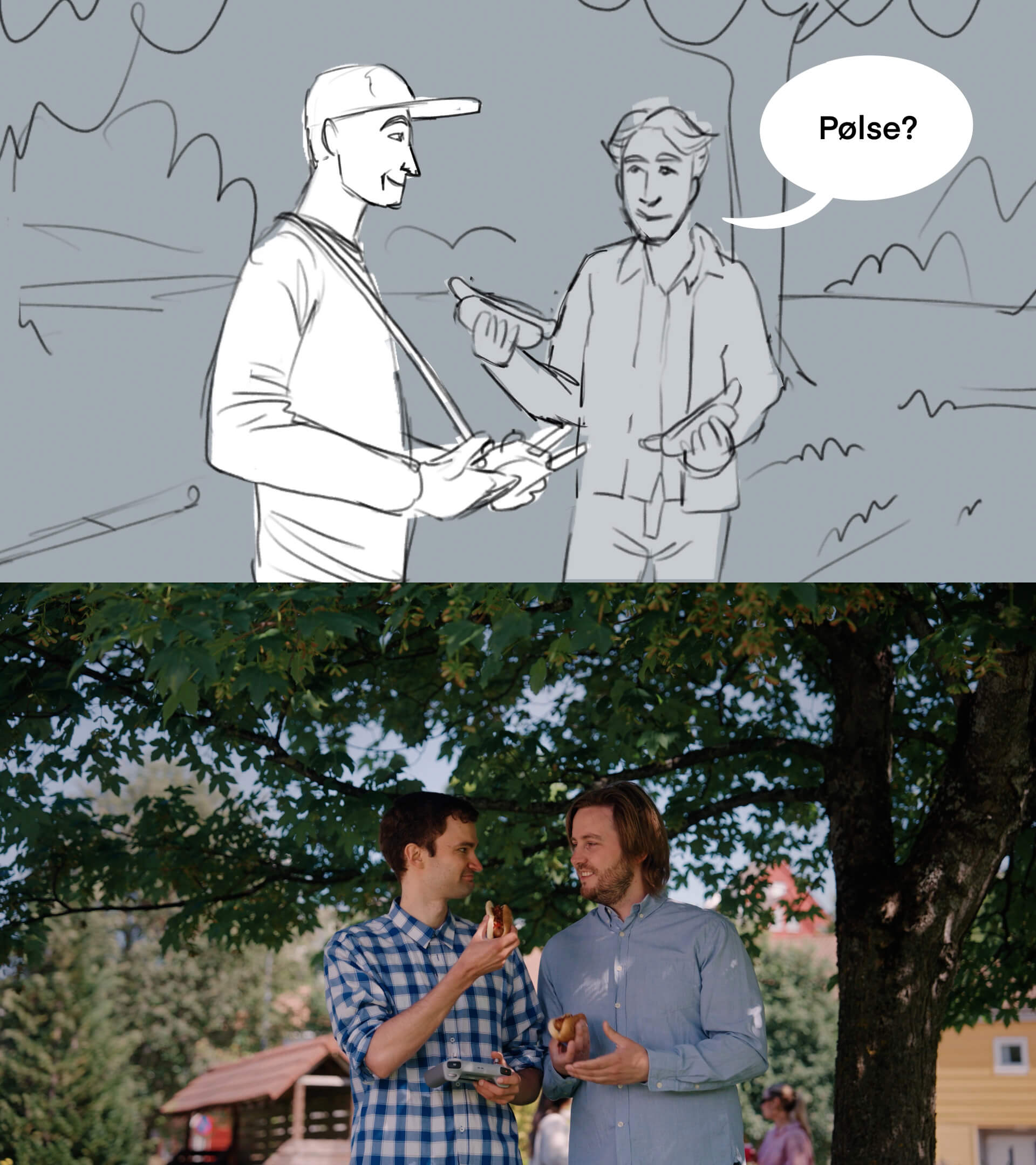 Sammenligning av storyboard og ferdig filmscene: Øverst en håndtegnet skisse med to personer som holder pølser, én sier 'Pølse?'. Nederst den ferdige filmversjonen med to menn under et tre, én tilbyr pølse mens den andre smiler – illustrerer hvordan storyboard omsettes til film