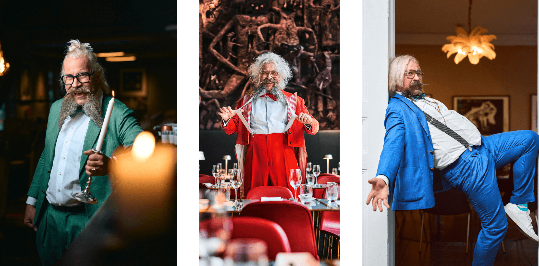 Lars, restaurantsjef for Troll, Bifrons og Gubalari, ikledd tre ulike antrekk som symboliserer hver restaurants unike persona.